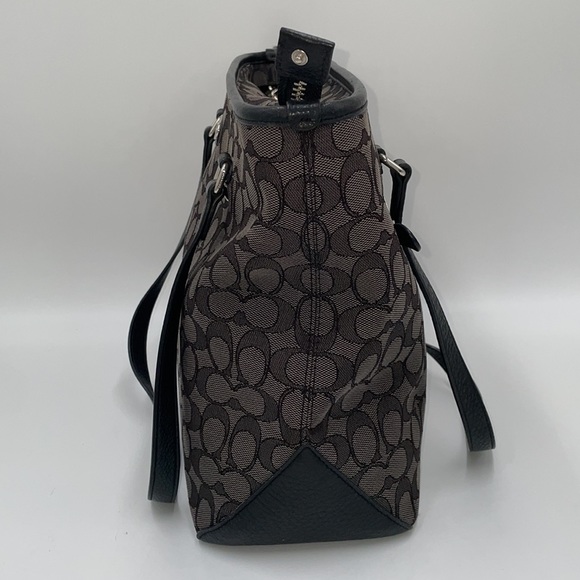 - Coach Black Signature Jacquard and Leather Tote Satchel Bag - Picture 3 of 11
